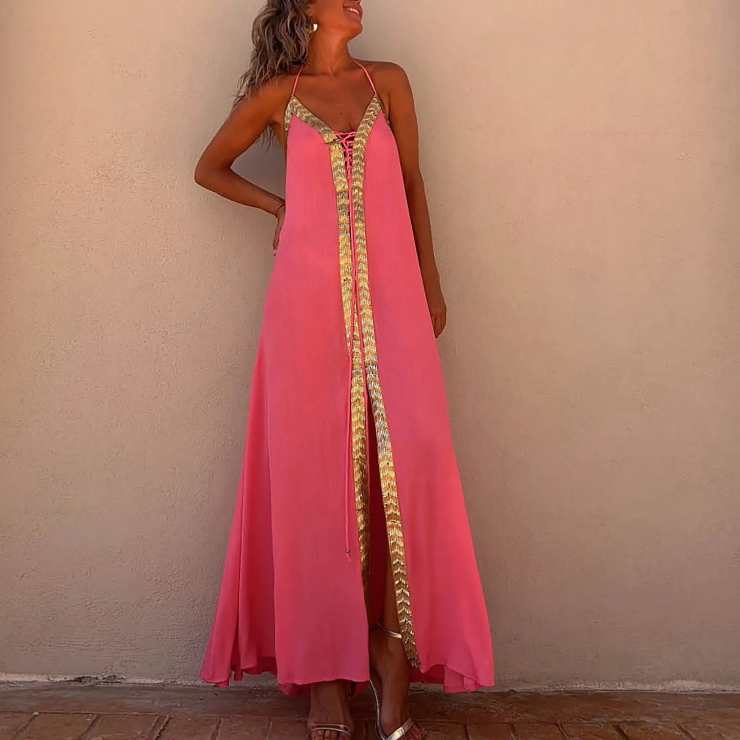 Summer Womens Boho Dresses Lace Up Halter Maxi Dress Vacation Beach Dresses Vestidos Bohemian Long Sundress платье женское
