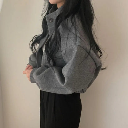 Autumn and Winter Loose Wool Coat for Women's Pocket Stand Collar Top Long Sleeve Button Hong Kong Style Wool Coat