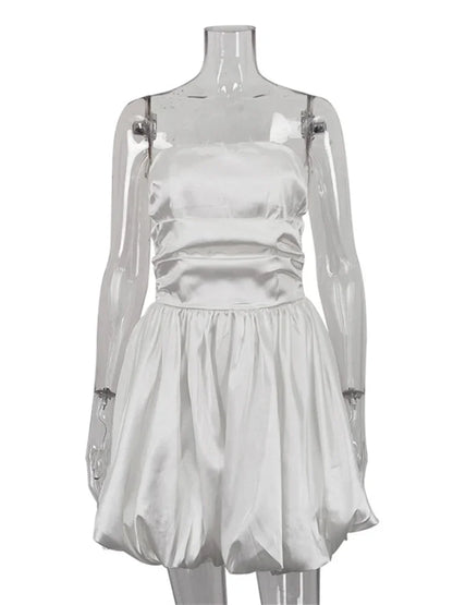White Pleated Mini Dress For Women Bandeau Slim Patchwork Backless Elegant Fashion Dress Solid Female Party Dress 2024 New