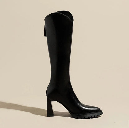 Elegant Heeled Women's Long Boots High Heels Leather Brown Ladies Knee Shaft Shoes Pointed Toe Waterproof Y2k Chic New Rock Work