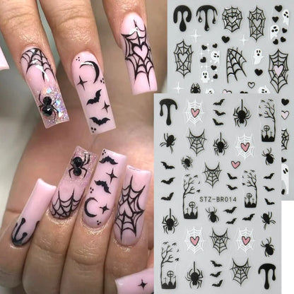 Spooky Halloween Stickers For Nails Cartoon Ghost Spider Web Heart Designs Spider Bat Adhesive Decals Holiday Manicure Supplies