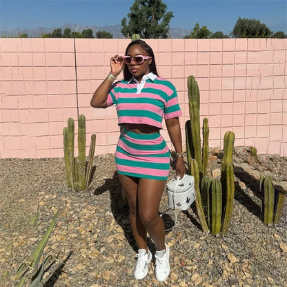 Sporty Fitness Striped Print 2 Pieces Set for Woman Streetwear Casual Turn-down Collar Shirt Crop Top and Mini Skirt Sets Summer