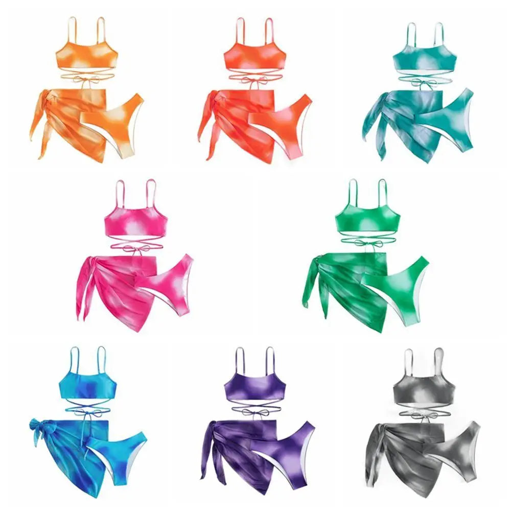 Women's 3 Piece Gradient Tie Dye Bathing Suit Lace Up High Cut Bikini with Beach Skirt