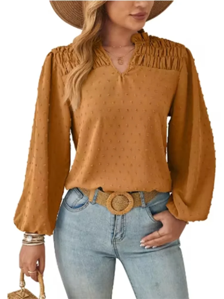 Women's Pleated Jacquard Blouse Lady Solid Color V-Neck Long Sleeve T-Shirt Elegant Autumn Work Top