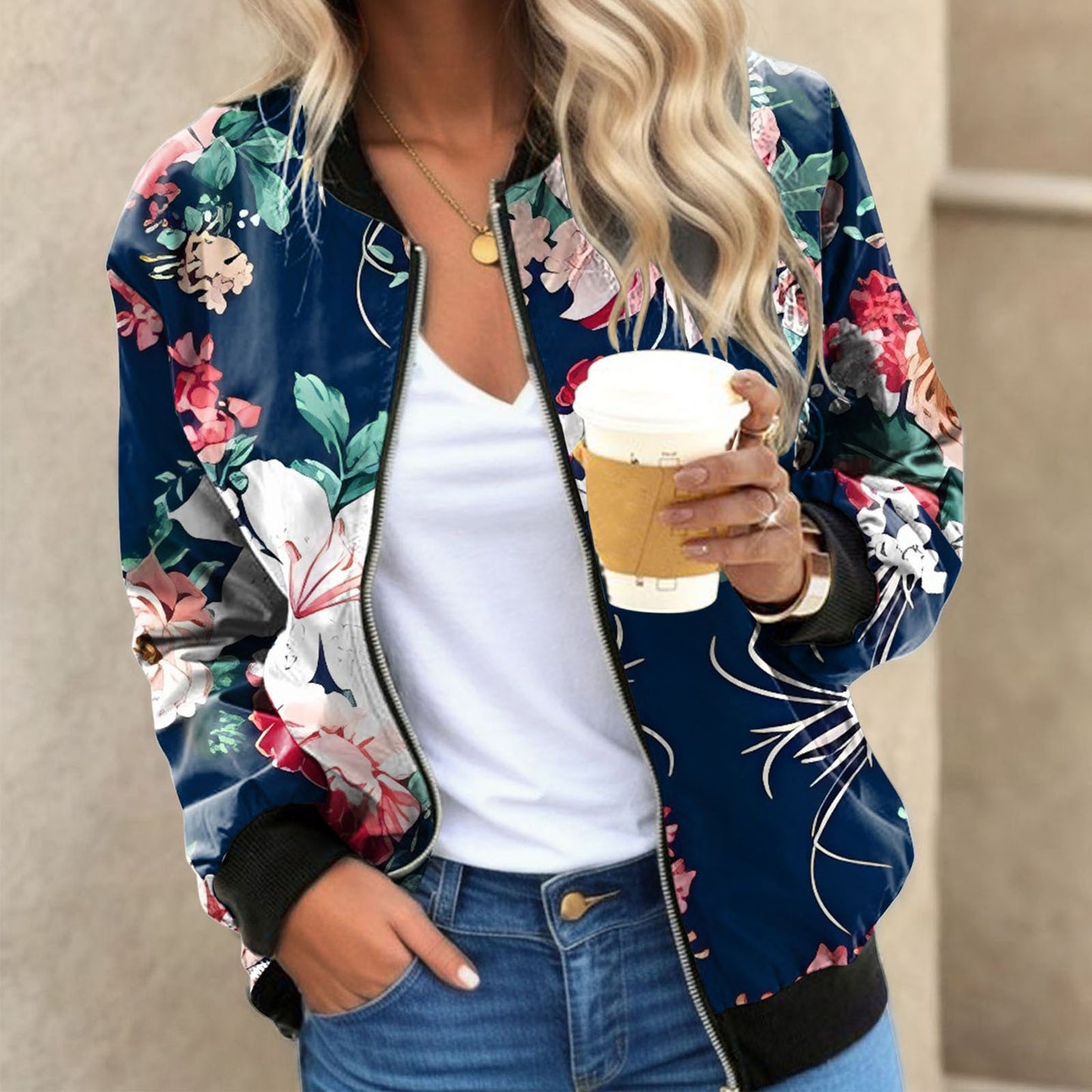 Vintage Floral Printed Jackets for Women Elegant Zipper Bomber Jacket Spring Autumn Office Wear Slim Jackets Coat Retro Outwear