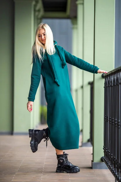 Plus Size Women Fashion Loose Autumn Winter Large Knitted Hooded Long Dress Velvet Hoodie Casual Dress Splicing Warm Dress