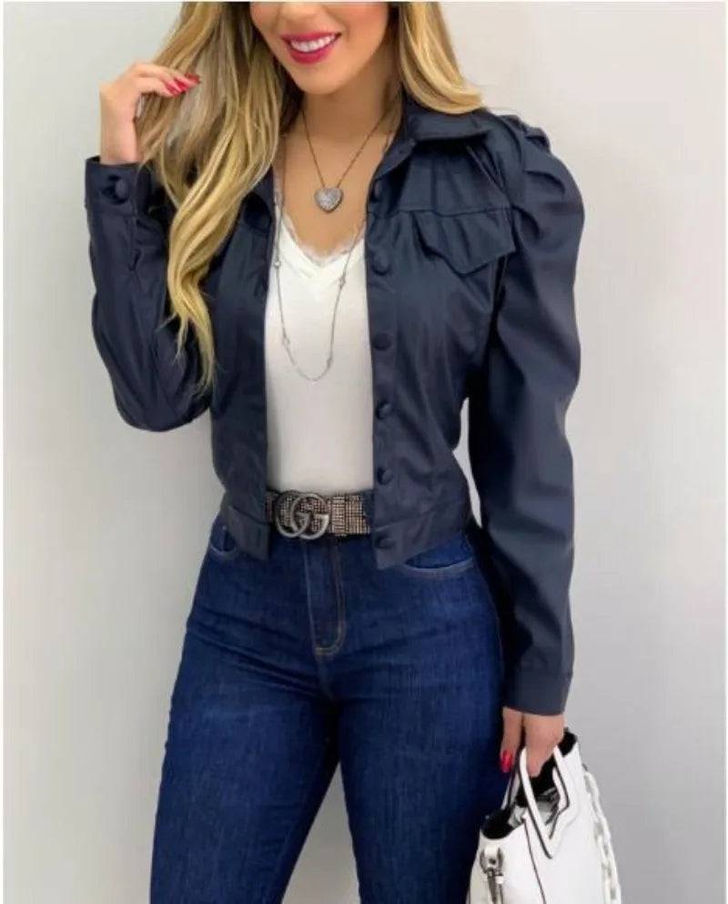 Women's Fashion Collar PU Leather Short Cardigan Jacket Fashionable Street Style Commuting Jacket Casual Versatile Wear