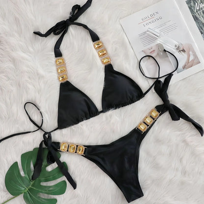Sexy Rhinestone Bikini Set Women 2025 Luxury Pink Crystal Diamond Push Up Bandage Thong Swimsuit Beach Bathing Suit Swimwear