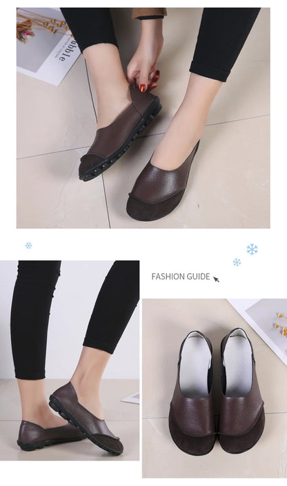 Women's shoes casual flat walking low heel loafers leather solid color large size casual single shoe work shoes44