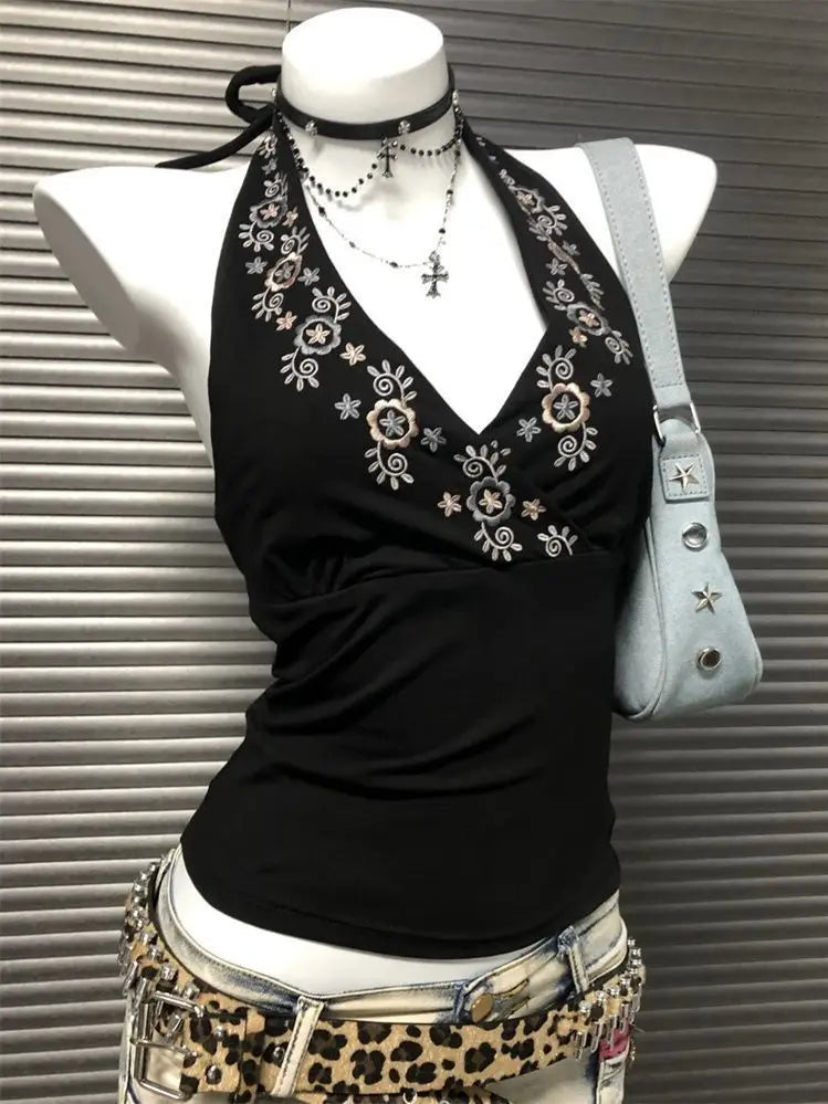 2025 Summer Woman Floral Halter Lace Blouse 2025 Vintage Sexy Slim Fit Fairy Korean Fashion Female Tops Outfits Elegant Style