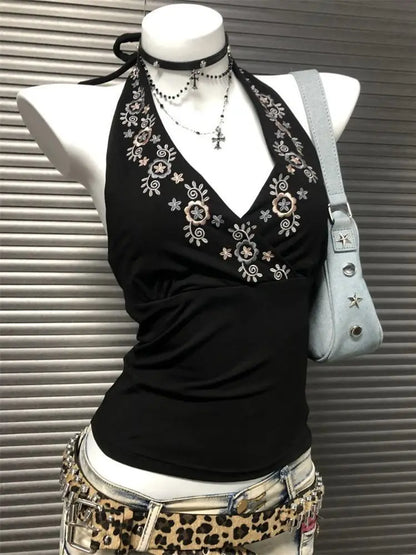 2025 Summer Woman Floral Halter Lace Blouse 2025 Vintage Sexy Slim Fit Fairy Korean Fashion Female Tops Outfits Elegant Style