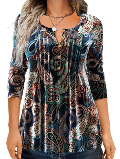 Autumn New T-shirt Elegant Fashionable Comfortable Versatile Print Round Neck Gorgeous Pattern Button Long Sleeve Top