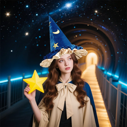 EtherealBe Halloween witch hat for women in blue with gold trim, paired with a star prop