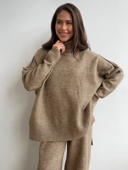 Bornladies Women's Autumn Winter Turtleneck Sweater Pants Set Loose Casual Knitted Sweater  Thicke Loose Pullover 2 Pieces Sets