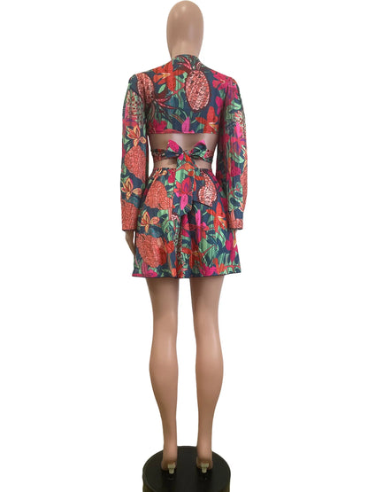 Two Piece Sets Women Skirt Set Print Floral Matching Sets V Neck Flare Sleeve Top Short Skirts Dress Sets Lace Up High Waist