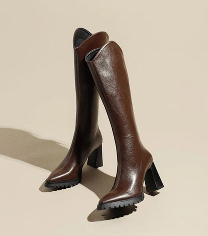 Elegant Heeled Women's Long Boots High Heels Leather Brown Ladies Knee Shaft Shoes Pointed Toe Waterproof Y2k Chic New Rock Work