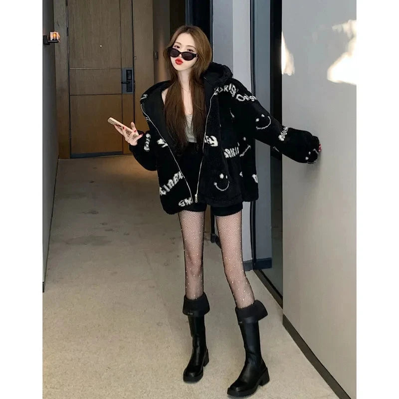 Jackets For Women 2022 Winter Cashmere Chic Printing Hooded Fashion Street Outerwear Sweet Casual College Women's jacket Coat