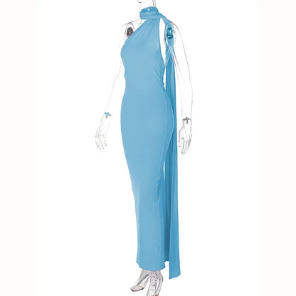 Hugcitar One Shoulder Backless Adjustable Scarf Loop Ruched Sexy Maxi Dress 2025 Women Elegant Y2K Streetwear Festival Outfit