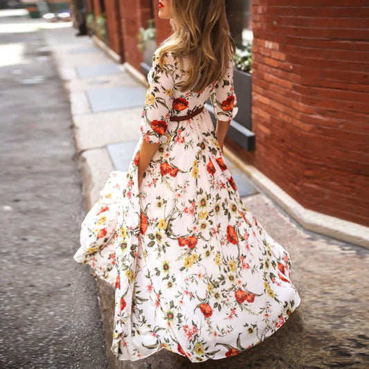 Spring Autumn Vintage Flower Floral Print Maxi Dress Office Lady Fashion Mujer Elegant Long Sleeve O-neck Dresses For Women 2023