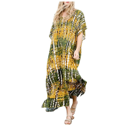 Womens Plus Size Kaftans Casual V Neck Puff Sleeve Boho Loose Floral Long Soft Beach Maxi Summer Swing Party Dresses For Women