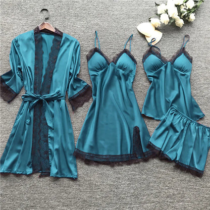 4 Pieces Pajamas Sets Satin Sleepwear Women Silk Nightwear Pyjama Strap Lace Sleep Lounge Pajama with Chest Pads