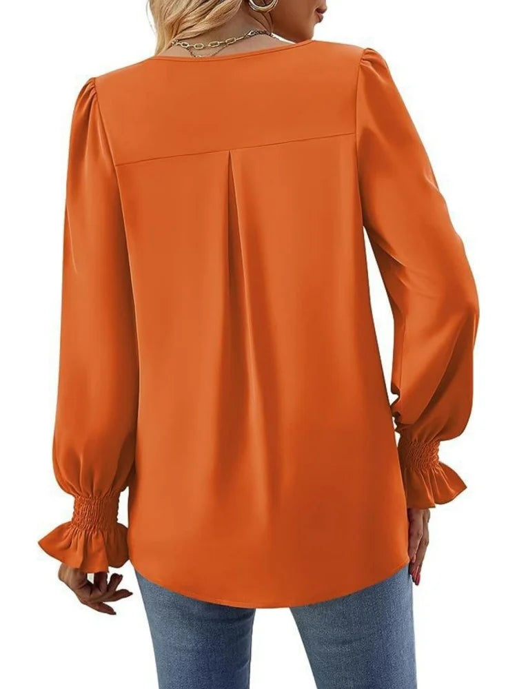 Women Spring Summer Style Blouses Shirts Lady Casual Long Sleeve V-Neck Solid Color Blusas Tops DF4998