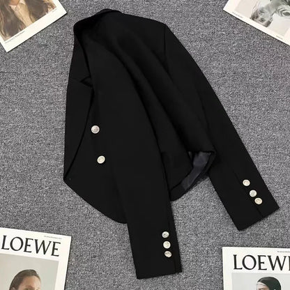 Casual Black Women's Small Suit Jacket 2025 New Spring Autumn Korean Design Sense Polyester Fiber Full Sleeve Solid Color