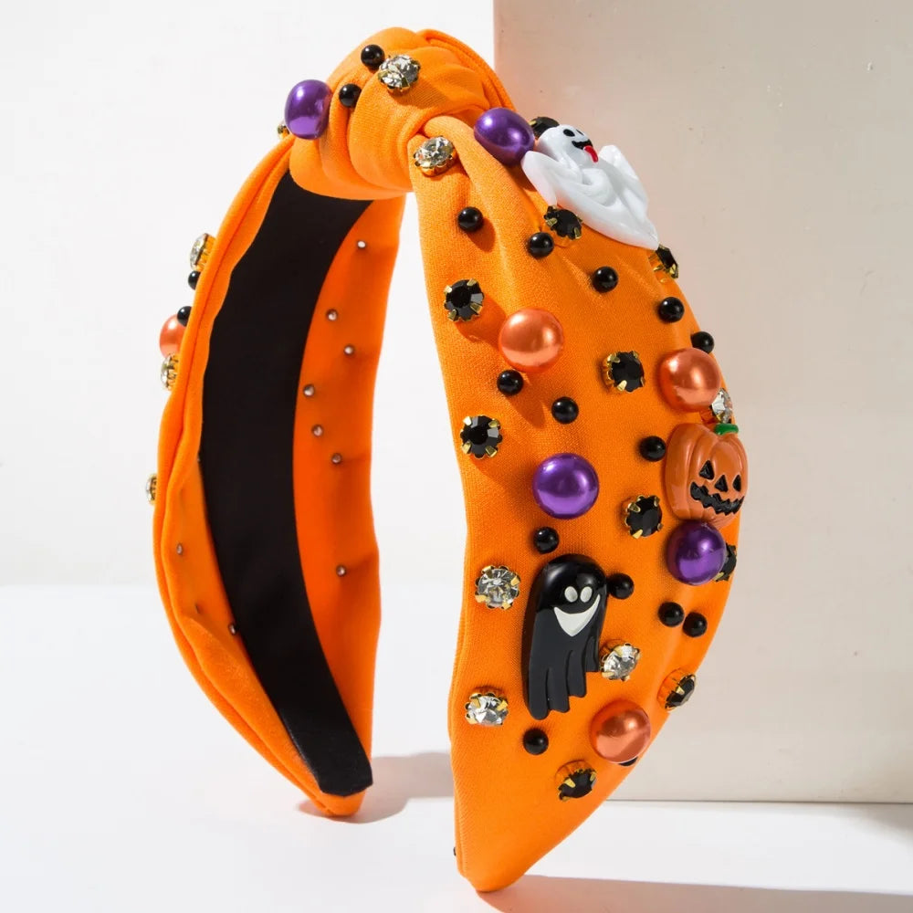 EtherealBe Halloween headbands for women in orange with spooky decorations and gems
