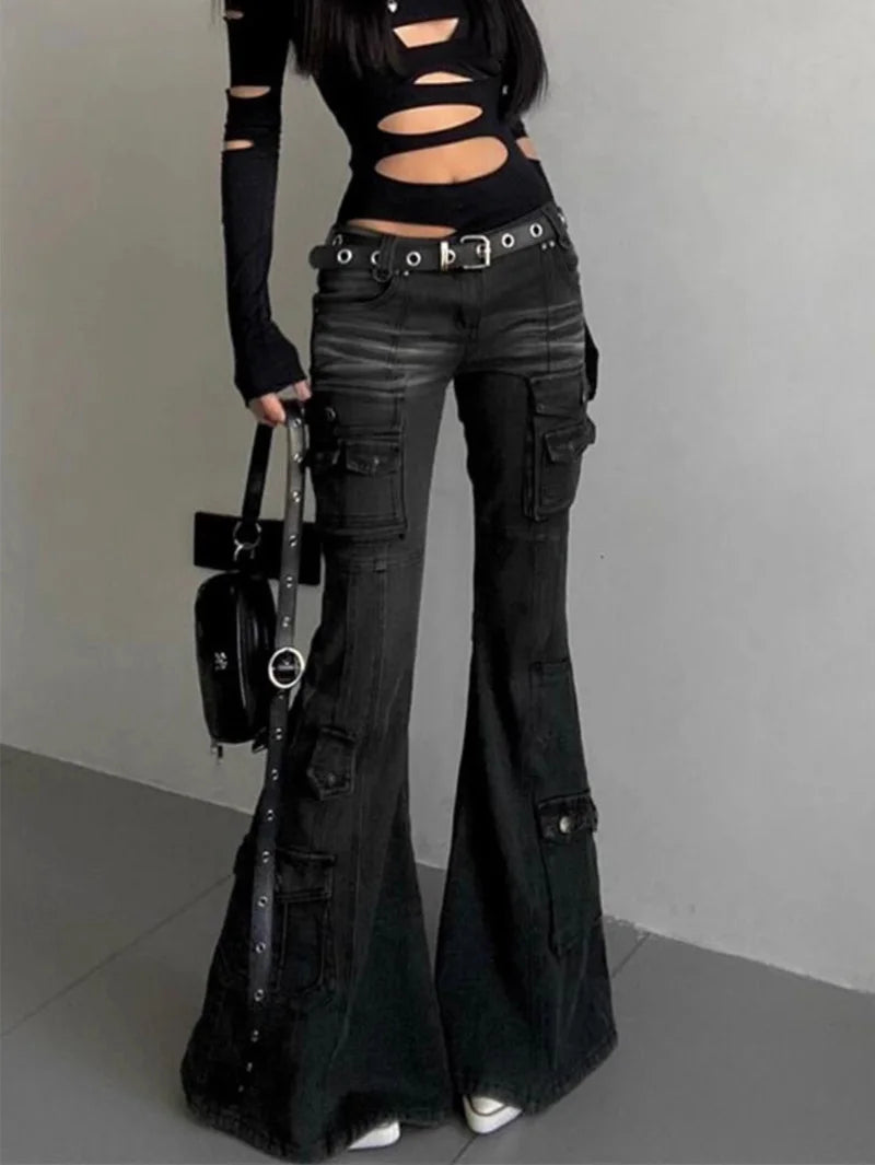 Women Dark Academia Gothic Grunge Low Waisted Cargo Flare Denim Pants Japanese Abi Y2k Harajuku Bell-Bottom Jeans Goblin Core