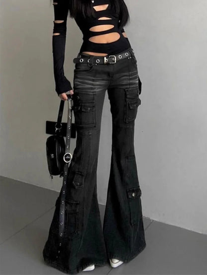 Women Dark Academia Gothic Grunge Low Waisted Cargo Flare Denim Pants Japanese Abi Y2k Harajuku Bell-Bottom Jeans Goblin Core