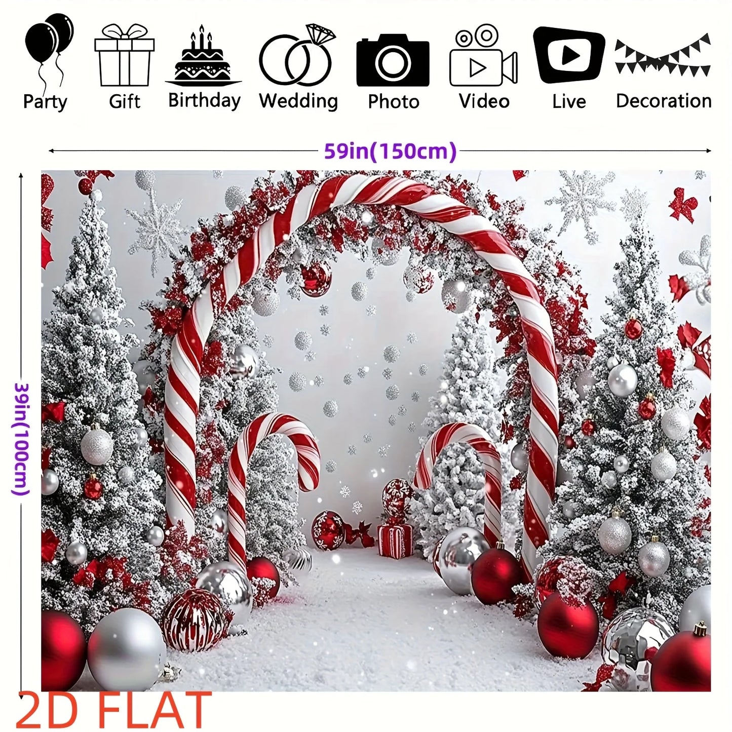 A shiny Christmas tree background cloth with candy sticks and a party banner featuring snowflake patterns
