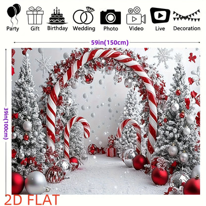 A shiny Christmas tree background cloth with candy sticks and a party banner featuring snowflake patterns
