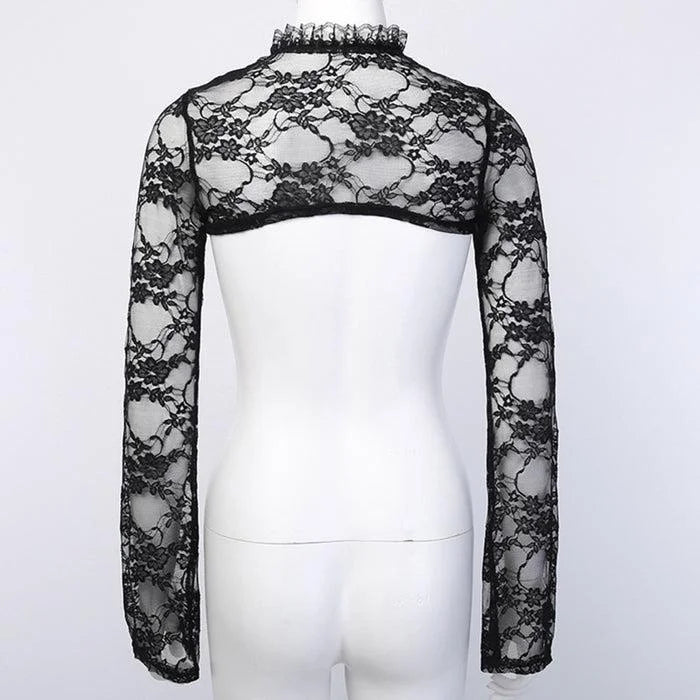 Vintage Dark Gothic Lace Mesh Long Flare Sleeve Overlay Turtleneck Covers Grunge Aesthetic Black Tops Streetwear for Women Egirl