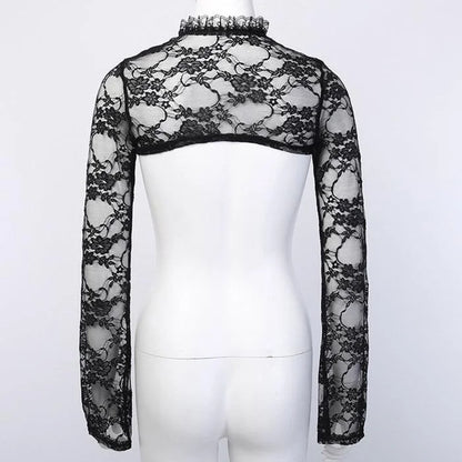 Vintage Dark Gothic Lace Mesh Long Flare Sleeve Overlay Turtleneck Covers Grunge Aesthetic Black Tops Streetwear for Women Egirl