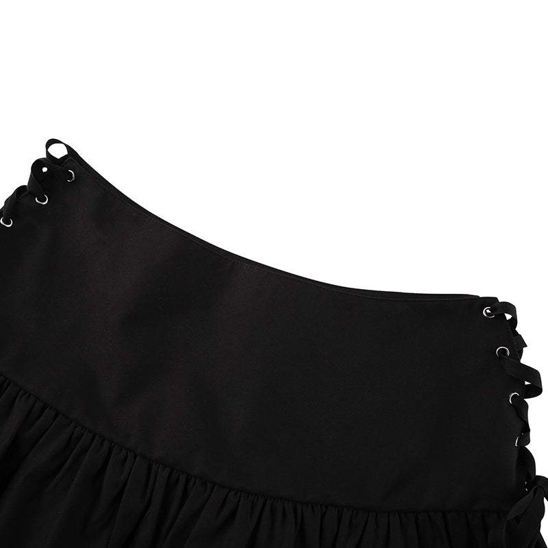 Women s Pleated High Waist Mini Skirt Solid Color Ruffle A-Line Skirt with Criss Cross Tie Up Detail