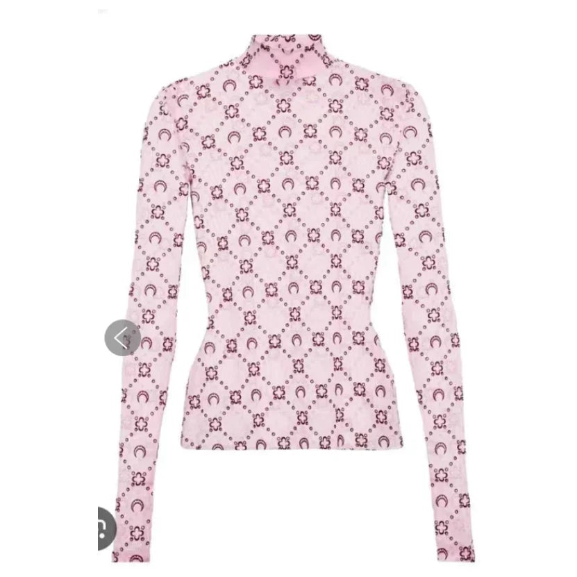 Spring Fashion Sexy Perspective Women's Pullover Mesh T-Shirt New Semi High Neck Long Sleeved Slim Fit Elastic Women T-Shirt