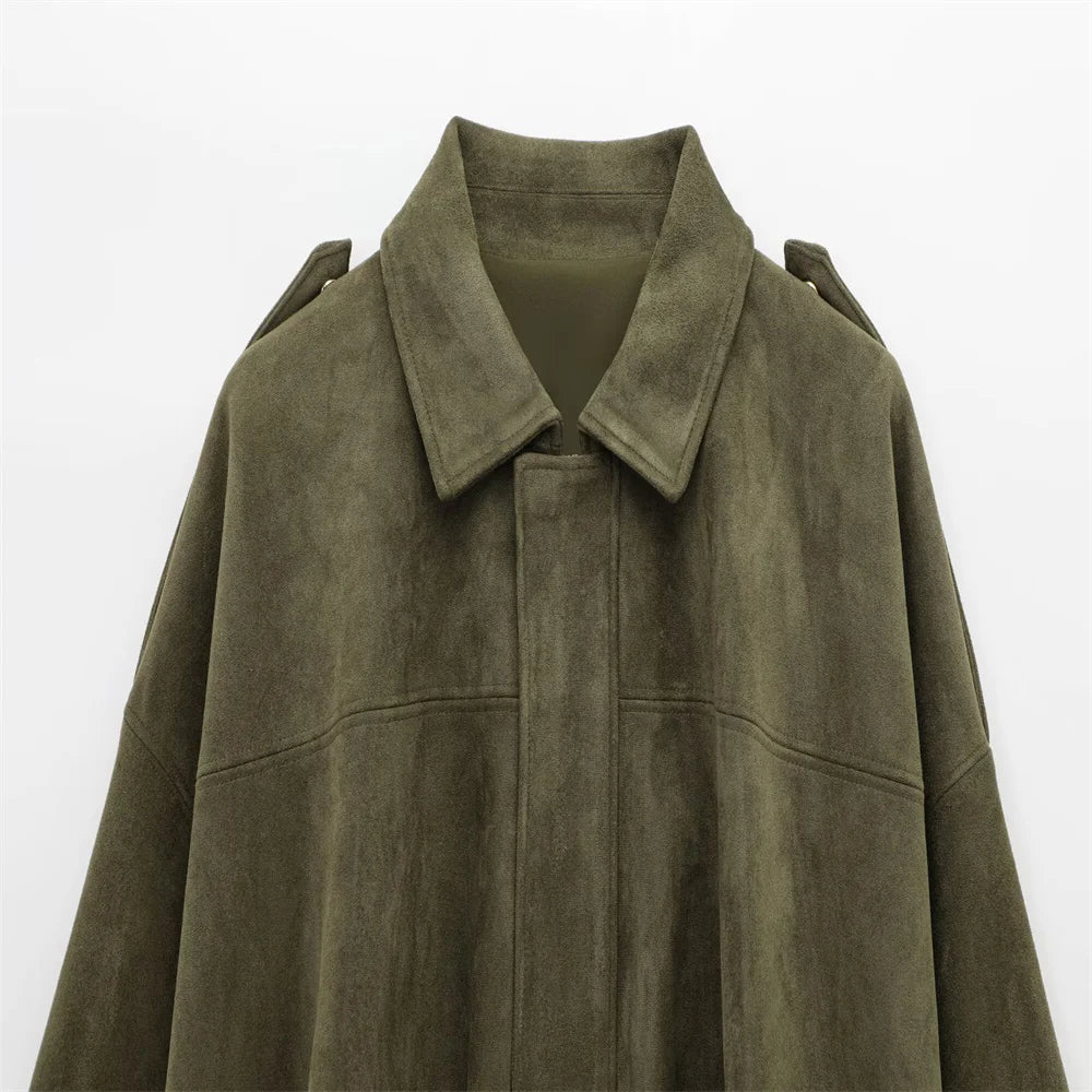 2025 Women Faux Suede Collared Jacket with Shoulder Straps Loose Fit Stylish Olive Green for Sale on