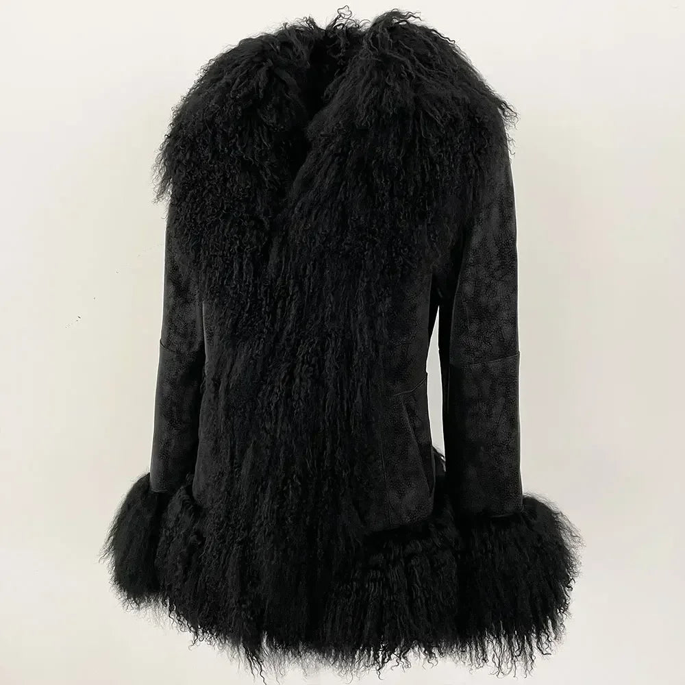 Autumn Winter Women Coat Real Natural Mongolia Sheep Fur Turn-down Collar New Fashion Jacket Thick Warm Casual Overwear