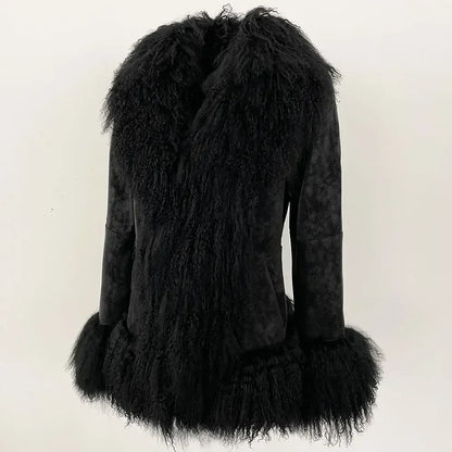 Autumn Winter Women Coat Real Natural Mongolia Sheep Fur Turn-down Collar New Fashion Jacket Thick Warm Casual Overwear
