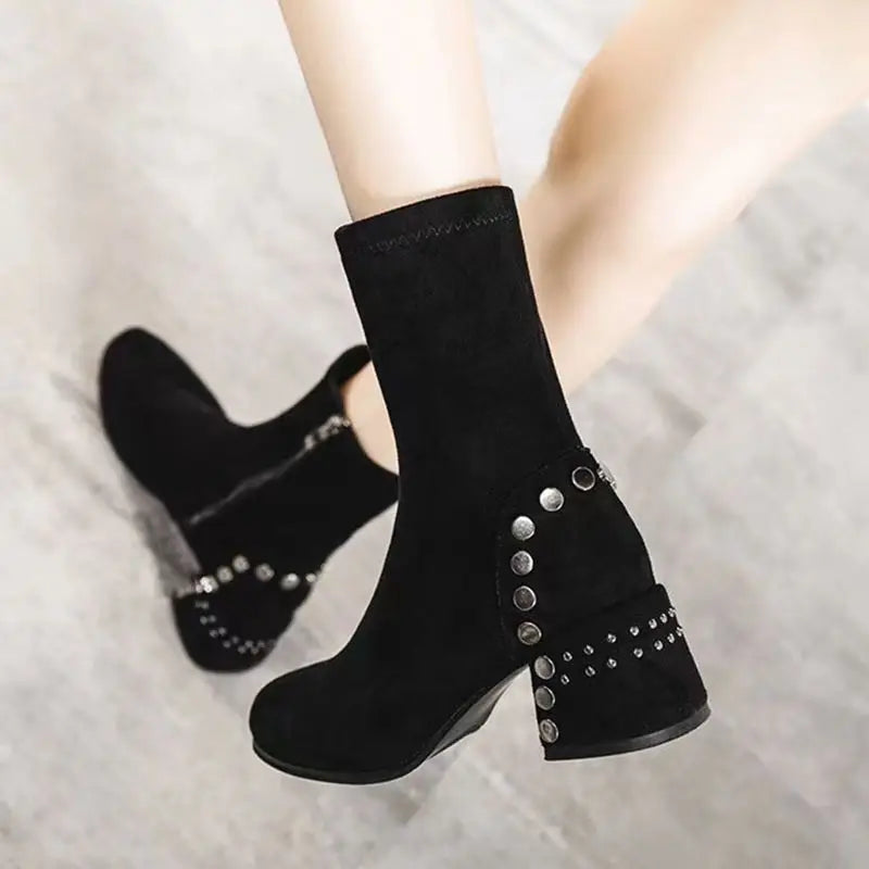 Mid Calf Round Toe Black Shoes For Women Ladies Boots Biker Footwear Studded Half High Gothic Hot Stylish And Low Price Pu