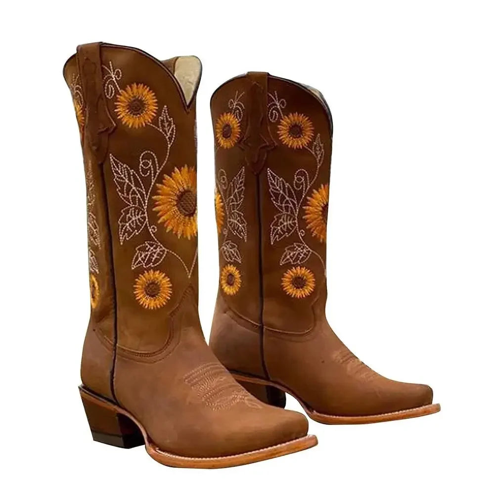 New Women Coffee Brown Embroidery Boots PU Leather Printed Western Cowboy Boots Deep V-mouth High Tube Casual Boots Classic