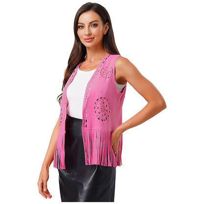 Womens Western Cowgirl Hippy Cosplay Costume Vintage Hollow Out Tassel Tank Tops Fringe Vest 70s Disco Faux Suede Waistcoat