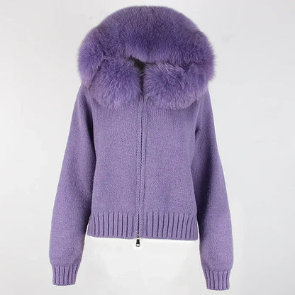 Coat Women Cardigan Natural Fox Fur Coat Women Real Mongolian Fur Knitwear Female Spring Autumn Hooded Knitted Fur Jacket