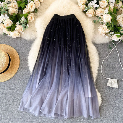 Women'S Fairy Tulle Skirt Starry Sky Gradient Color Mesh Skirt High Waist A Line Pleated Skirt Sequin Skirt Vestidos Para Mujer
