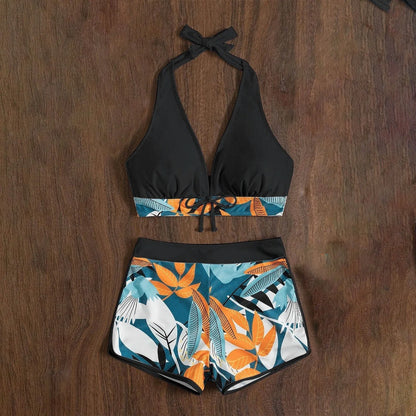 Women's Paneled Printed Swimsuit Ladies Fashion Sexy Split Boxer High Waist Swimsuit Two-Piece Set V-Neck Bathing Suits Female