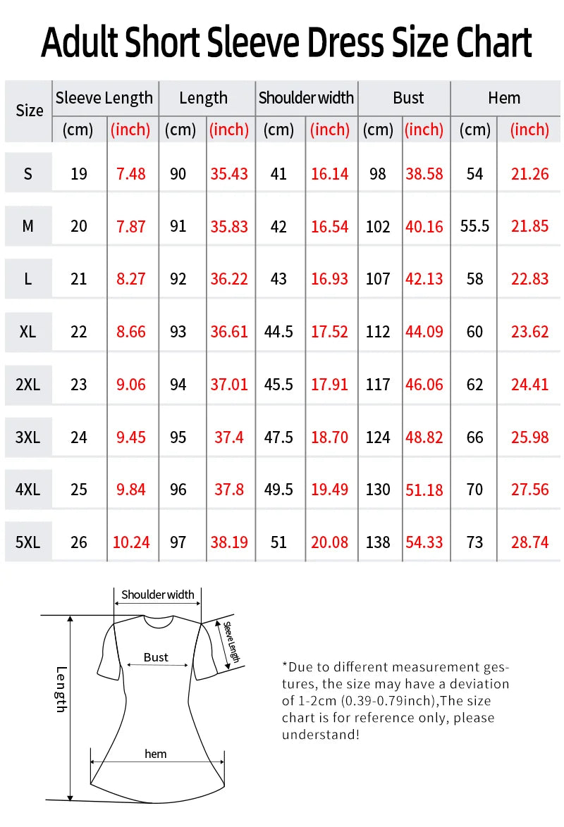 Size chart for women's gothic skull dress for women with detailed measurements in inches and centimeters