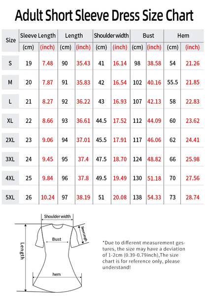 Size chart for women's gothic skull dress for women with detailed measurements in inches and centimeters