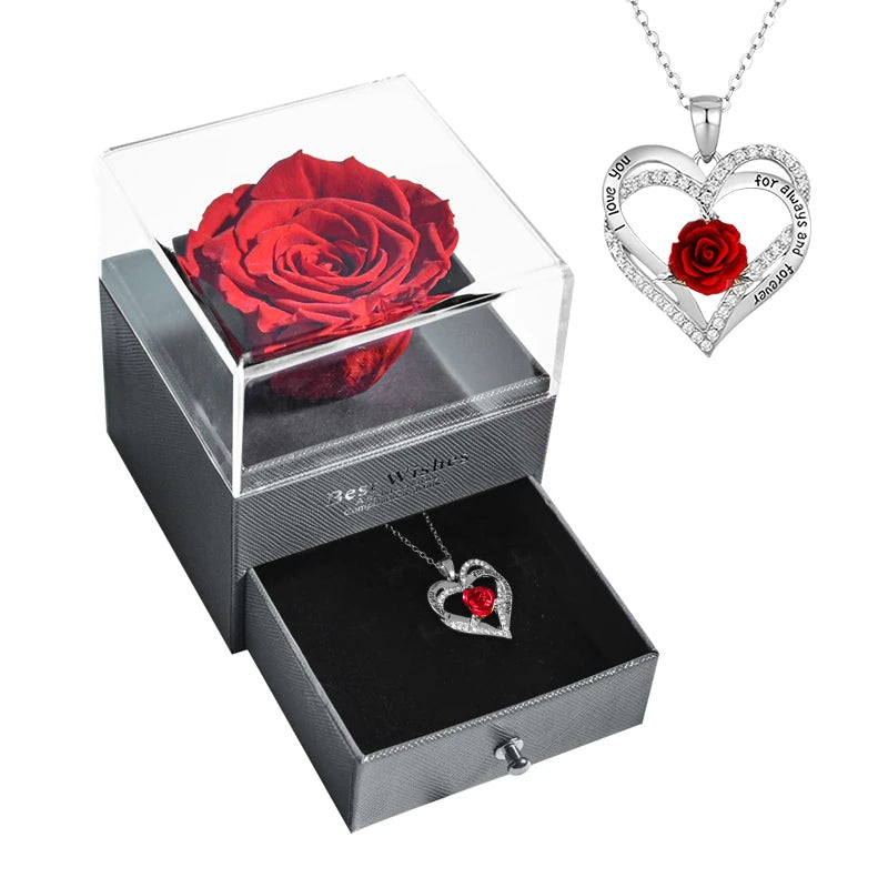 New Fashion Pendant Necklace In Rose Flower Jewelry Gift Box Preserved Rose Necklace Set Wedding Christmas Gift for Girlfriend