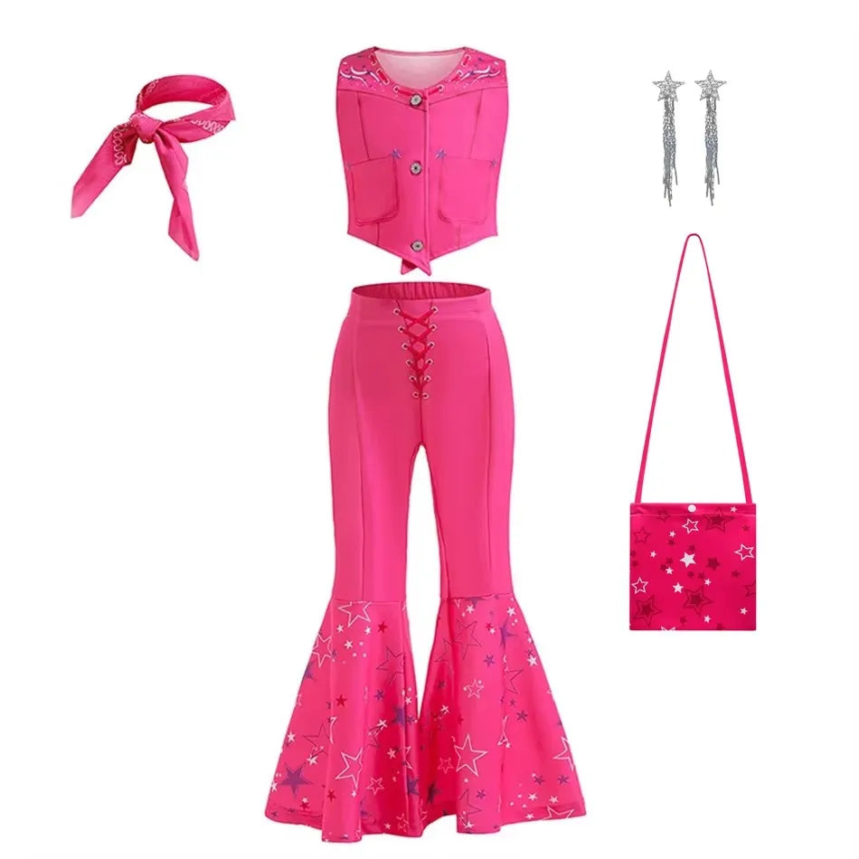 EtherealBe pink cowgirl cosplay set for kids pink vest glitter star bell bottom pants bandana purse earrings