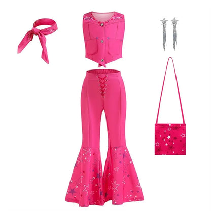 EtherealBe pink cowgirl cosplay set for kids pink vest glitter star bell bottom pants bandana purse earrings